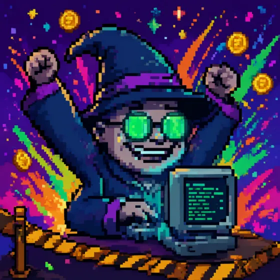 Webmaster Wagmi cheering with both fists up at his glowing monitor