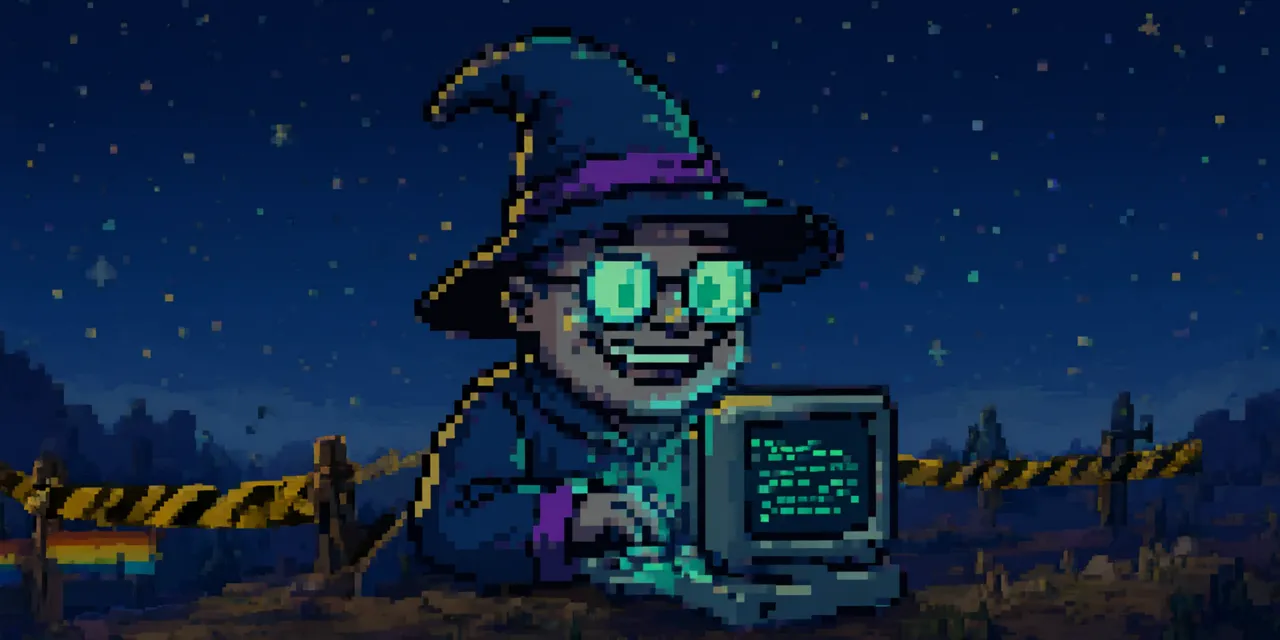 Webmaster Wagmi grinning and typing at his glowing monitor
