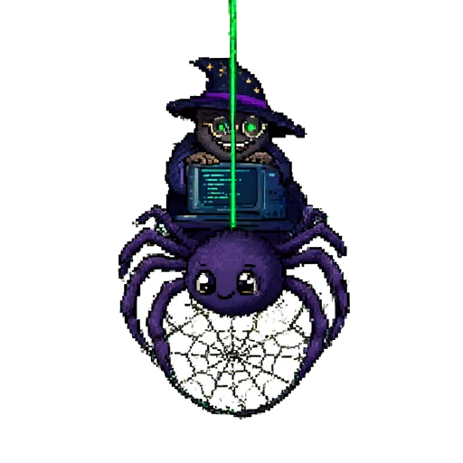 Webring Wally, a friendly purple spider, holding a web ring
